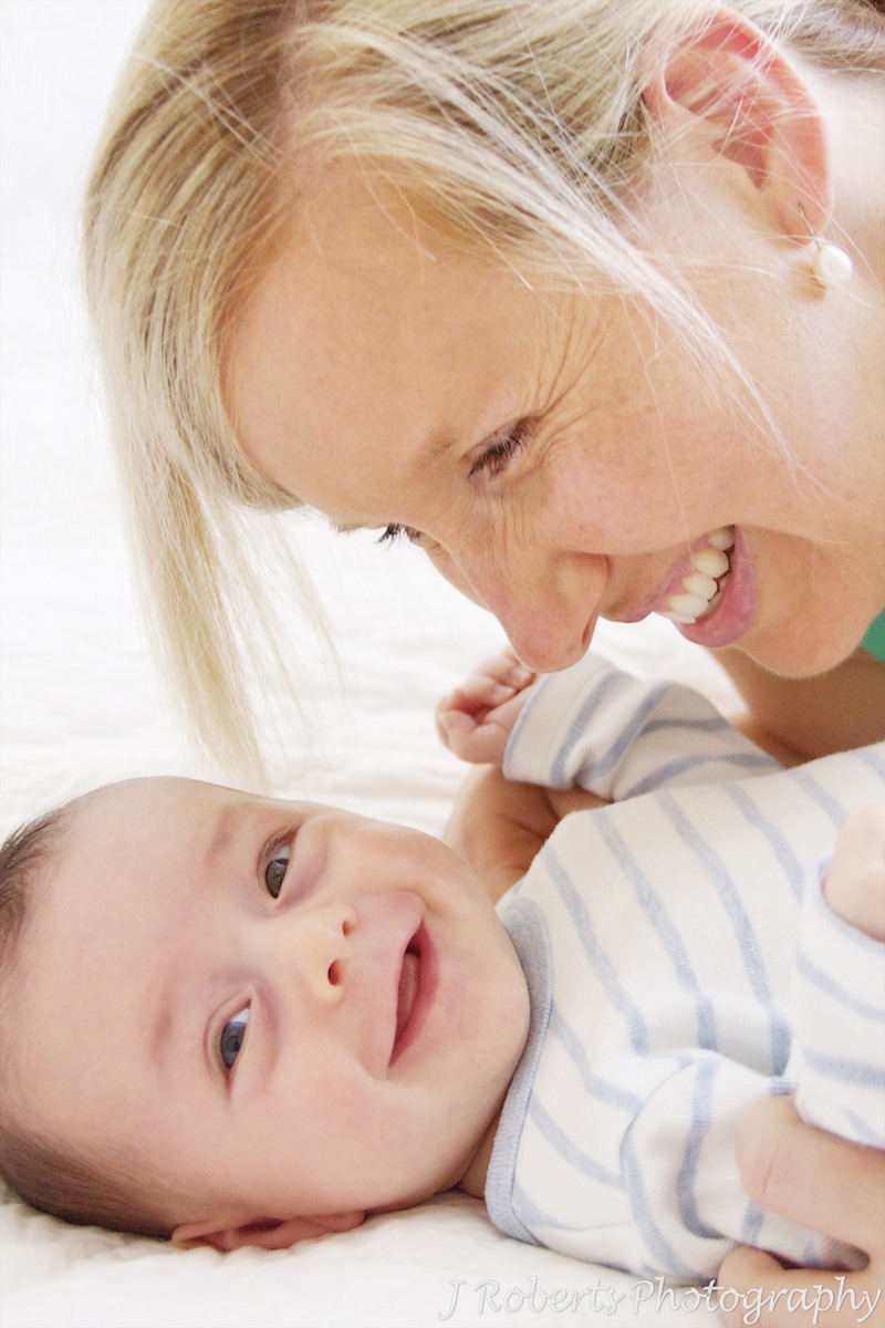 Mum and baby boy laughing - baby portrait photography sydney
